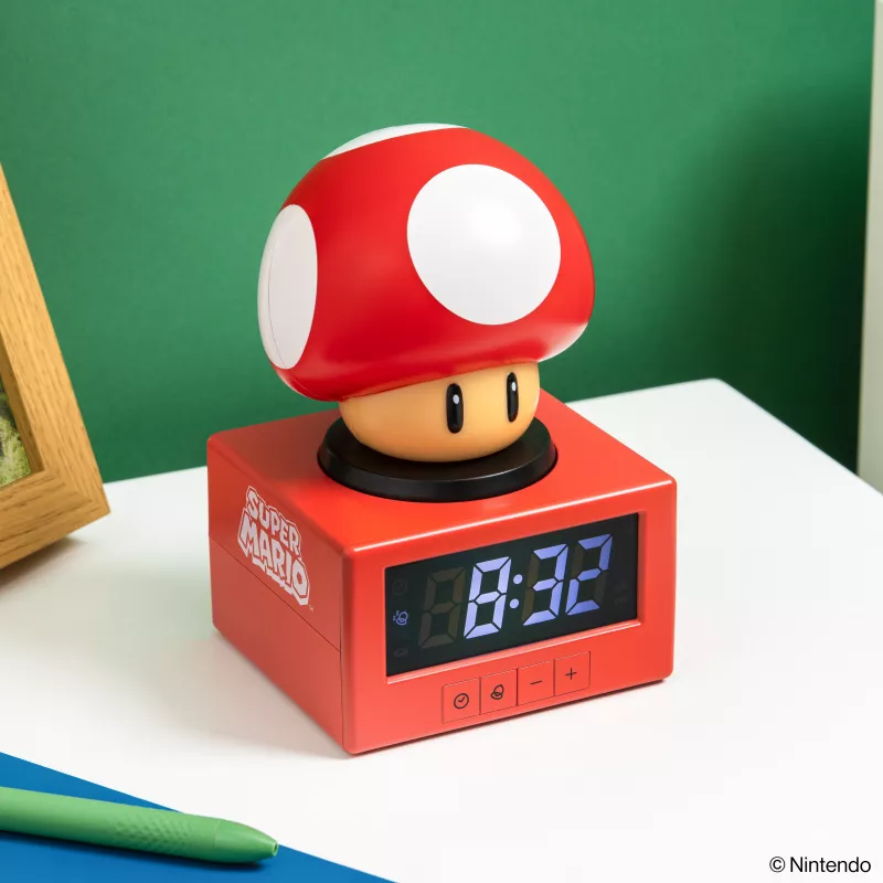 Paladone Super Mario Super Mushroom Icon Alarm Clock - Digital LCD, USB Powered, Official Nintendo Sound Effects, Red/White