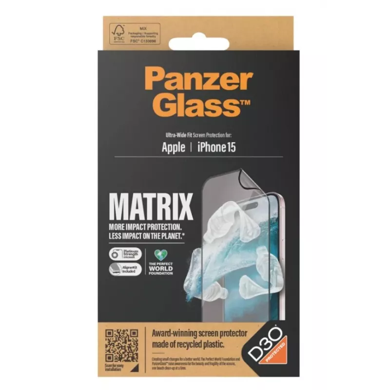 PanzerGlass MATRIX Screen Protector with D3O for iPhone 15 | Ultra-Wide Fit with AlignerKit