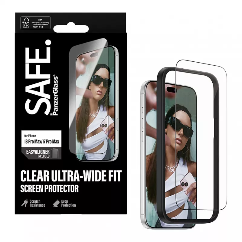 PanzerGlass SAFE Screen Protector for iPhone 18 Pro Max/17 Pro Max - Ultra-Wide Tempered Glass, Anti-Bacterial, 9H Hardness