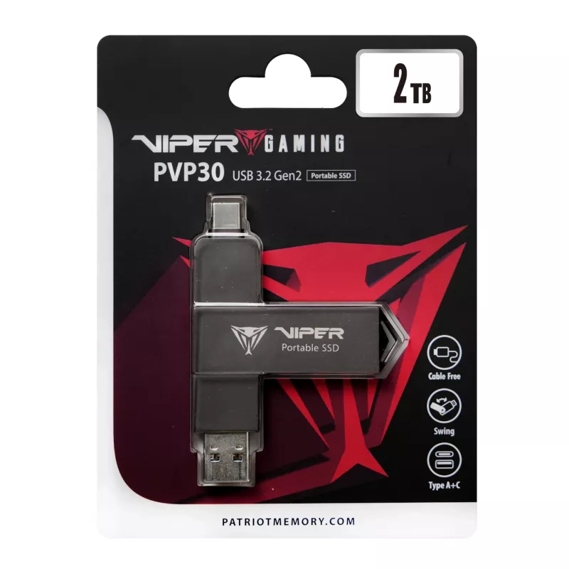 Patriot PVP30 2TB Duo Compact External Portable SSD - USB 3.2 Gen 2 Type-C, 1000 MB/s, Aluminum, Black