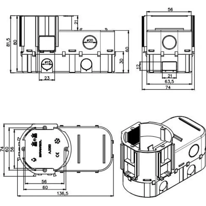PAWBOL A.0083 Deep Flush-Mounted Junction Box for Electronics, 68 mm Diameter, Orange