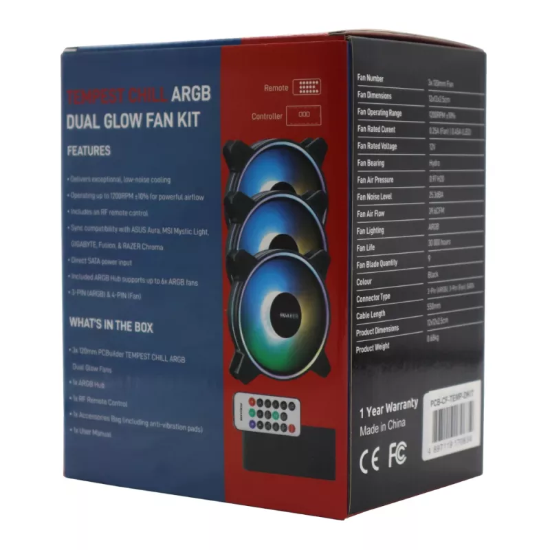 PCBuilder Tempest Chill Fan Kit 3x120mm Dual Glow ARGB Fan + Controller + RF Remote