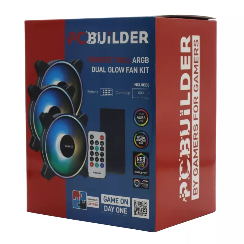 PCBuilder Tempest Chill Fan Kit 3x120mm Dual Glow ARGB Fan + Controller + RF Remote