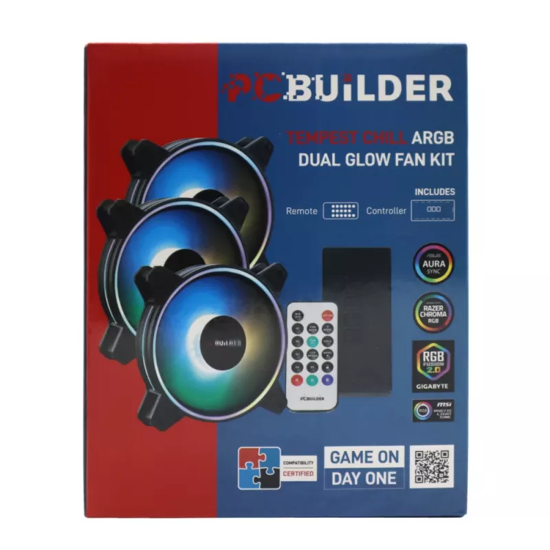 PCBuilder Tempest Chill Fan Kit 3x120mm Dual Glow ARGB Fan + Controller + RF Remote