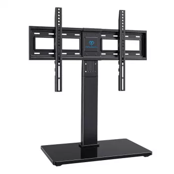 PERLESMITH PSTVS13 Freestanding TV Stand with Mount for 37-75 inch TVs, Black, 45kg Capacity, VESA 100x100 to 600x400, Height Adjustable, Swivel ±35°, Tempered Glass Base