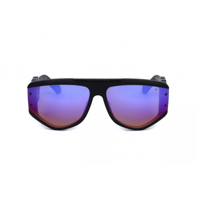 PHILIPP PLEIN SPP093M-703V Men's Square Pilot Sunglasses, Black Acetate Frame, Grey Polycarbonate Lenses, UV400 Protection, 65/16/145 mm