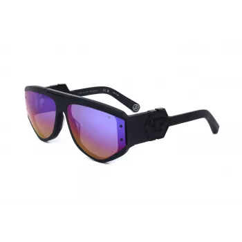 PHILIPP PLEIN SPP093M-703V Men's Square Pilot Sunglasses, Black Acetate Frame, Grey Polycarbonate Lenses, UV400 Protection, 65/16/145 mm