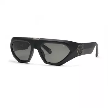 PHILIPP PLEIN SPP153-580U28 Men's Rectangular Sunglasses Shiny Black Acetate Frame Smoke Grey Polycarbonate Lens 58mm