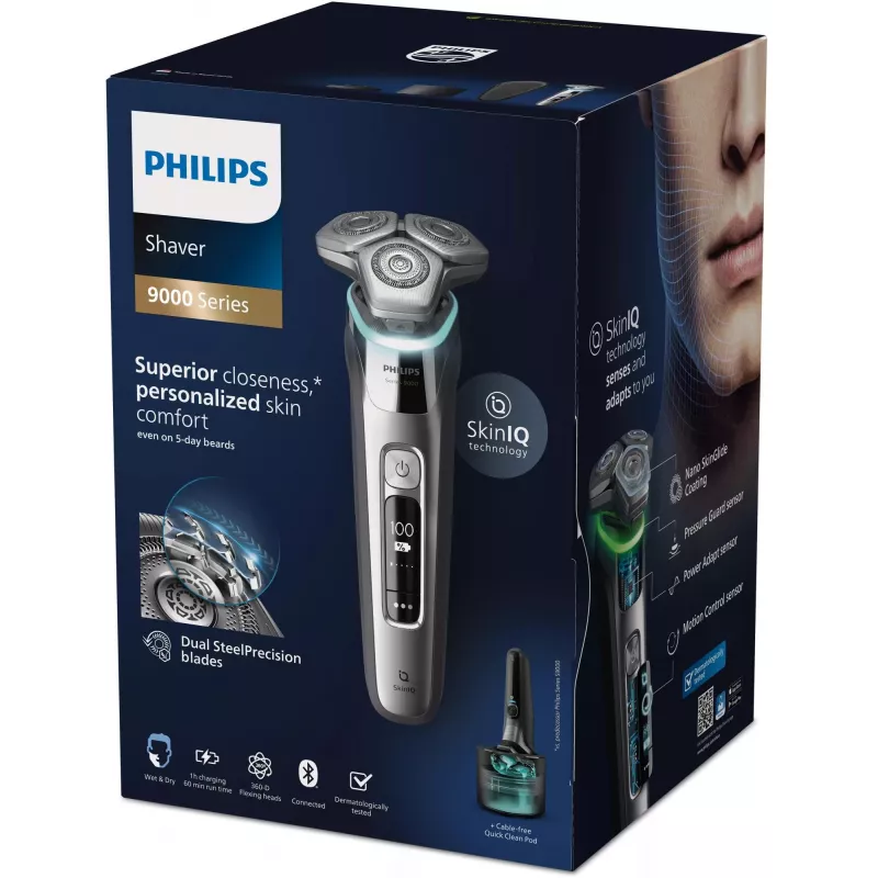 Philips S9975/55 SkinIQ Wet & Dry Electric Shaver – 360-D Flexing Heads, 60 Min Runtime, Chrome