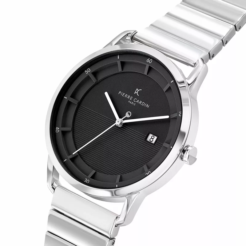 Pierre Cardin Men's Analog Quartz Watch CLC.6006 - 43mm Stainless Steel Case Black Leather Strap