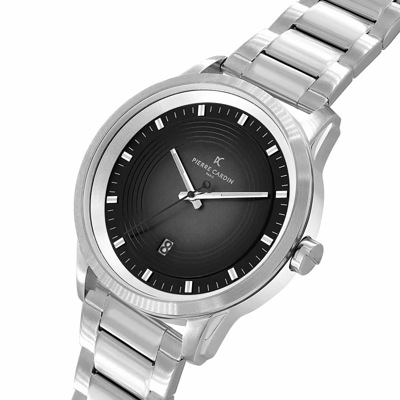 Pierre Cardin Men's Quartz Analog Watch CCP.5024 - 45mm Stainless Steel Case, Black Dial, Black Leather Strap