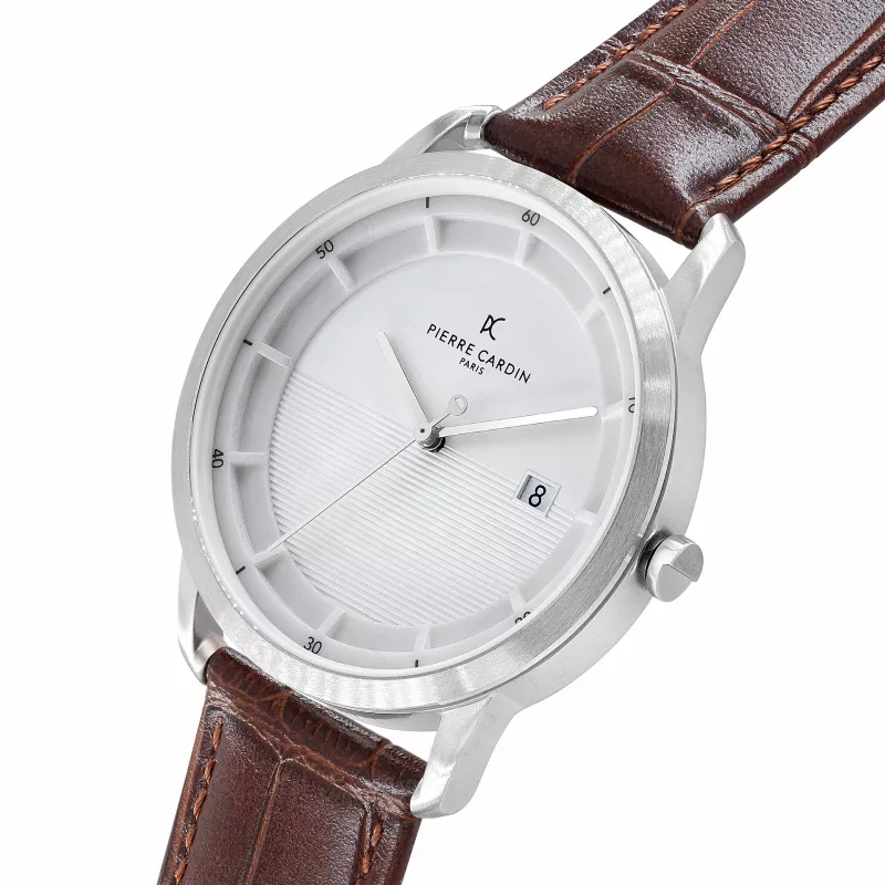 Pierre Cardin Men's Quartz Analog Watch CLC.6000 43mm Stainless Steel Case Black Leather Strap