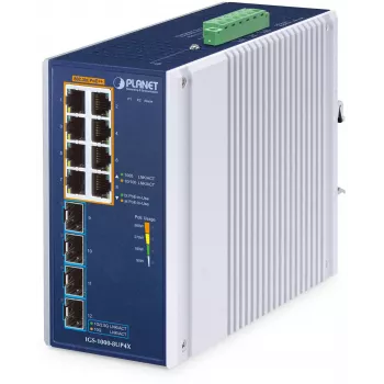 PLANET TECHNOLOGY CORP. IGS-5225-8P4X Industrial 8-Port 10/100/1000T 802.3bt PoE + 4-Port 10G SFP+ Ethernet Switch (360W PoE Budget, PoE Usage LED, -40~75°C, Dual 48~54V DC)