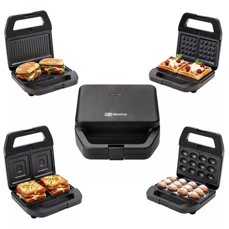 PMS 4-in-1 MELTO Sandwich Maker with Interchangeable Plates for Sandwich, Waffle, Grill, Cookie/Nut, 800W, Black/Silver