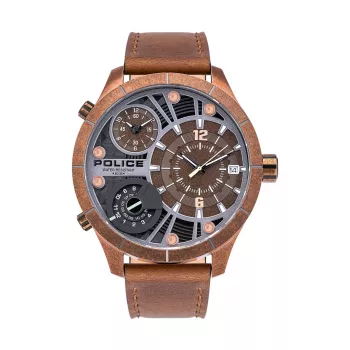 POLICE Men's PL15662XSQR1 Chronograph Quartz Watch, 52mm Stainless Steel Case, Black Dial and Leather Strap