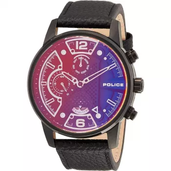 POLICE Men's Quartz Analog Watch PEWJF2203306S 45mm Stainless Steel Case Black Leather Strap