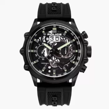 POLICE Men's Watch PL16018JSB02P 48mm Stainless Steel Quartz Analog Black Dial Leather Strap