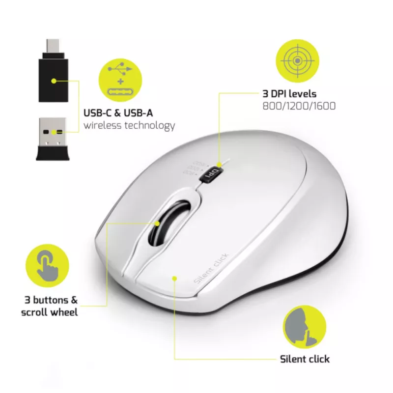 Port Designs Port Connect Silent 1600DPI 3 Button Wireless Mouse - White