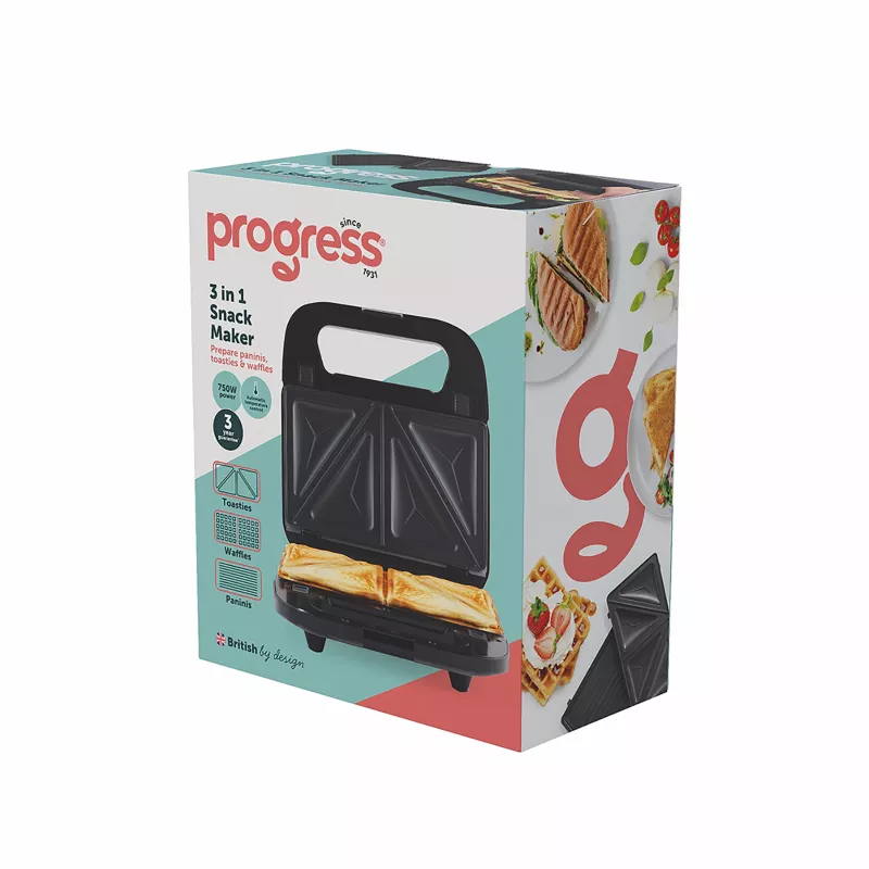 Progress EK6666PVDE 3 in 1 Snack Maker - Waffle, Sandwich & Donut Maker, 900W, Black