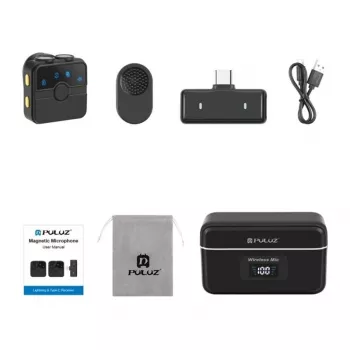 PULUZ SmartLink WS300 2.4GHz Dual Wireless Lavalier Microphone System with Noise Reduction, 100m Range, USB-C Charging
