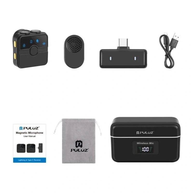 PULUZ SmartLink WS300 2.4GHz Dual Wireless Lavalier Microphone System with Noise Reduction, 100m Range, USB-C Charging