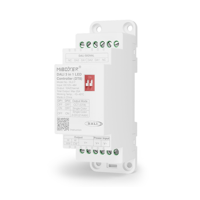 MiBoxer DL2-T DALI-2 DT8 LED controller, 3 modes, DIN rail, 12–48 V DC