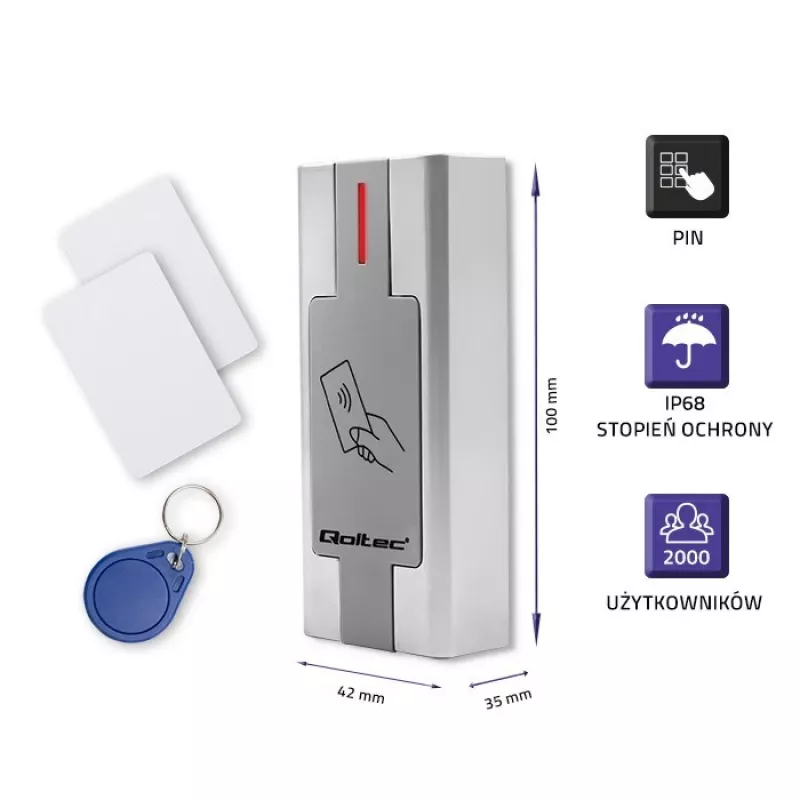 Qoltec 52446 Proximity Card and Key Fob Reader – 125 kHz RFID, Wiegand 26-bit, IP65