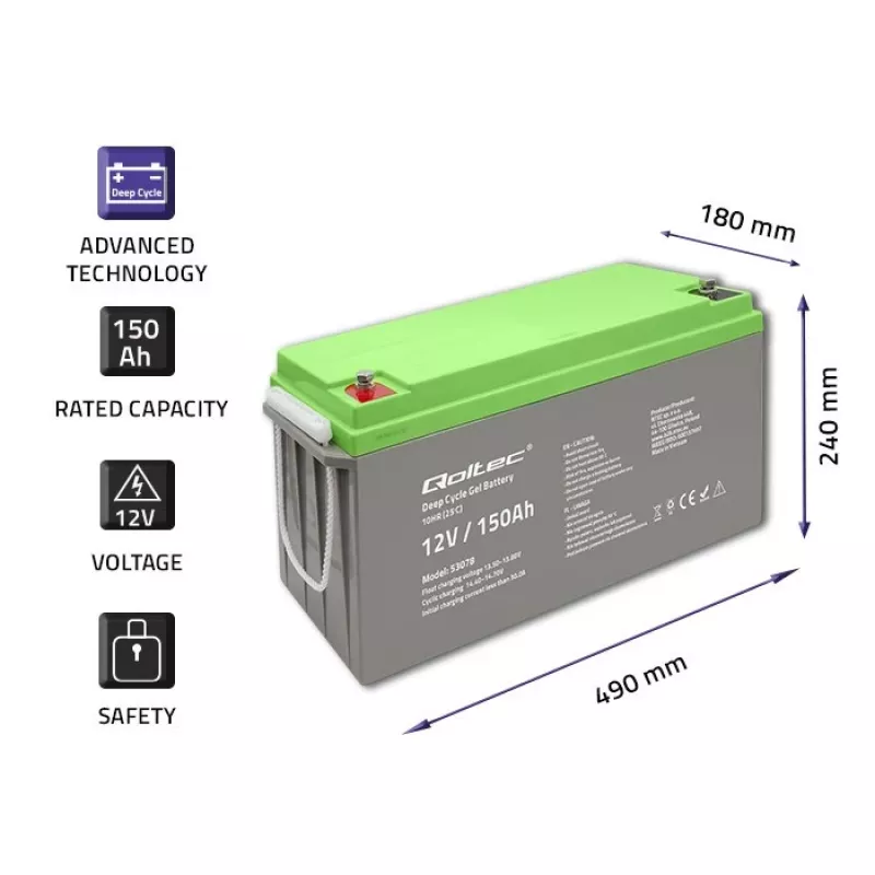 Qoltec Deep Cycle Gel Battery 12V 150Ah 44.5kg