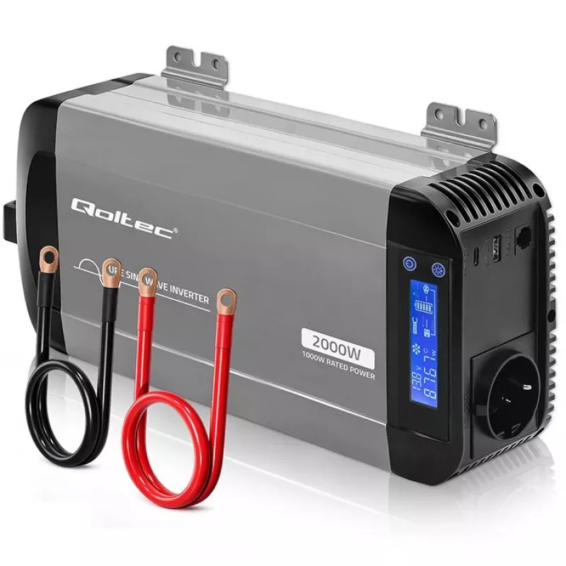 Qoltec Pure Sine Wave Inverter 12V to 230V 1000W/2000W with LCD, USB, USB-C, LiFePO4/GEL/AGM Compatible