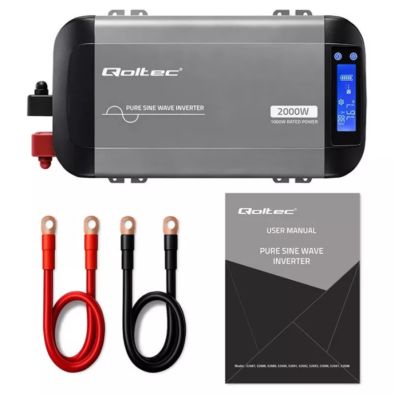 Qoltec Pure Sine Wave Inverter 12V to 230V 1000W/2000W with LCD, USB, USB-C, LiFePO4/GEL/AGM Compatible