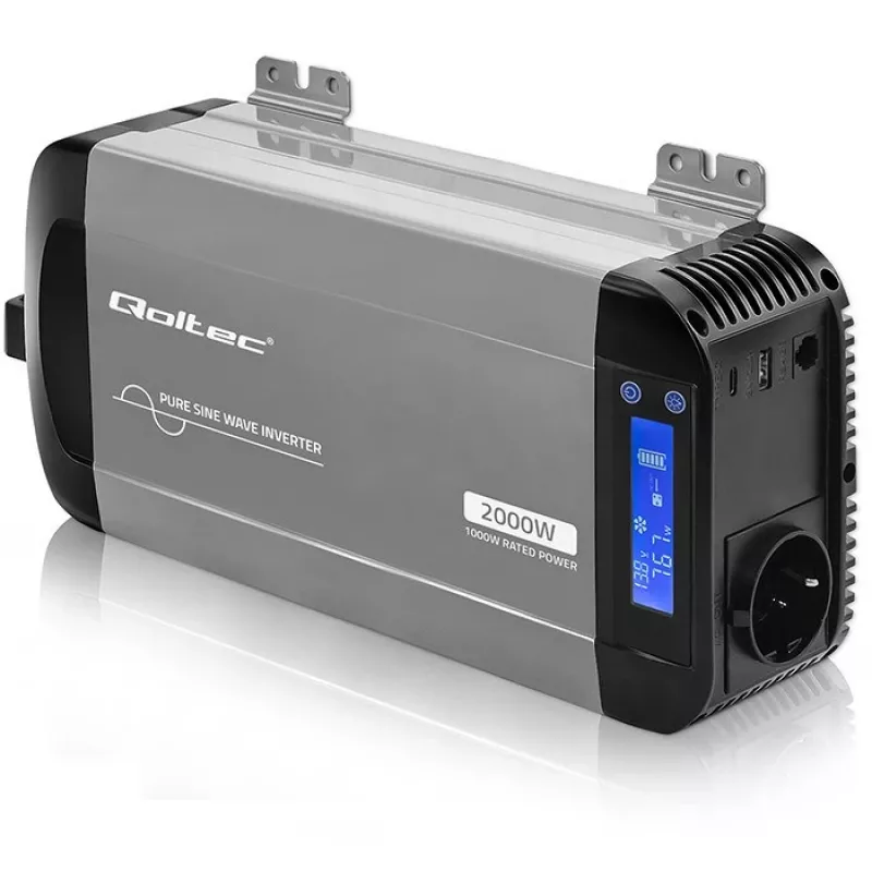 Qoltec Pure Sine Wave Inverter 12V to 230V 1000W/2000W with LCD, USB, USB-C, LiFePO4/GEL/AGM Compatible