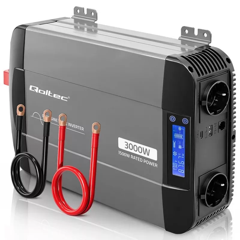 Qoltec Pure Sine Wave Inverter 12V to 230V 1500W/3000W with LCD USB USB-C for LiFePO4 GEL AGM