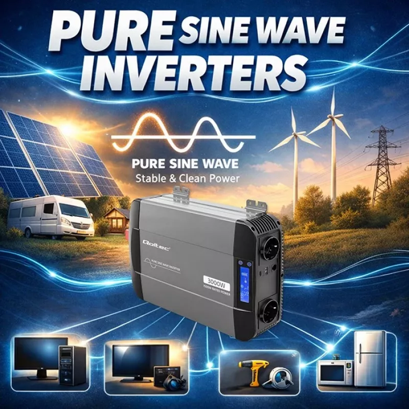 Qoltec Pure Sine Wave Inverter 12V to 230V 1500W/3000W with LCD USB USB-C for LiFePO4 GEL AGM