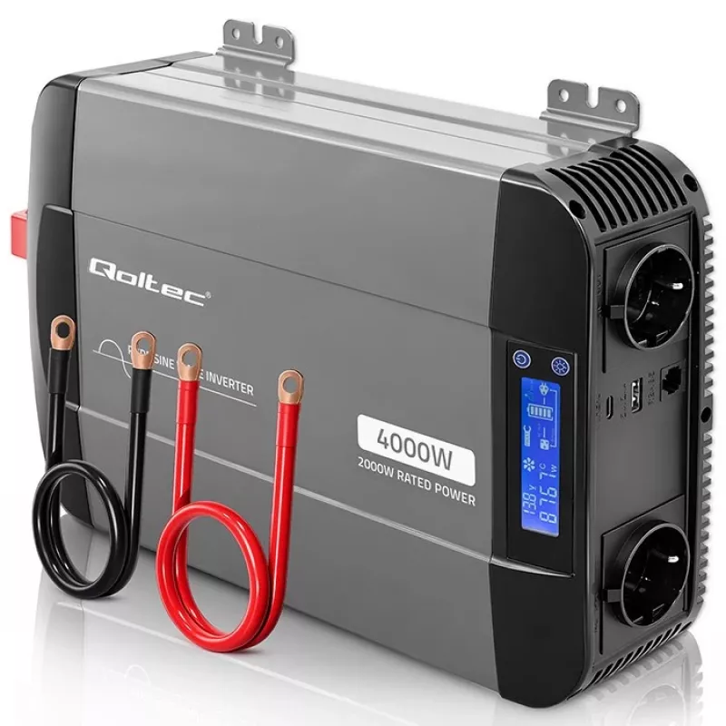 Qoltec Pure Sine Wave Inverter 12V to 230V 2000W/4000W with LCD, USB, USB-C, LiFePO4/GEL/AGM Compatible