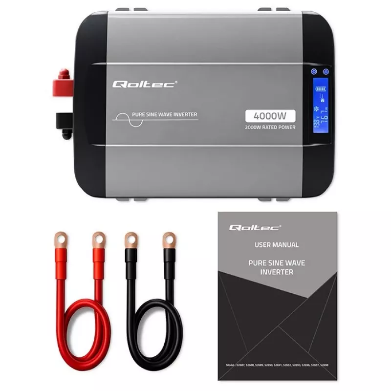 Qoltec Pure Sine Wave Inverter 12V to 230V 2000W/4000W with LCD, USB, USB-C, LiFePO4/GEL/AGM Compatible