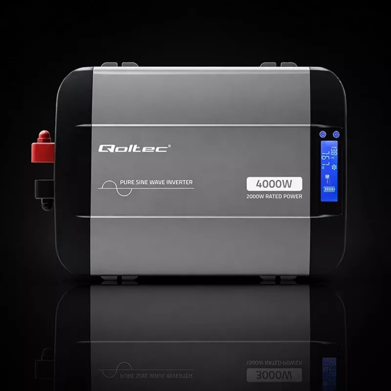 Qoltec Pure Sine Wave Inverter 12V to 230V 2000W/4000W with LCD, USB, USB-C, LiFePO4/GEL/AGM Compatible