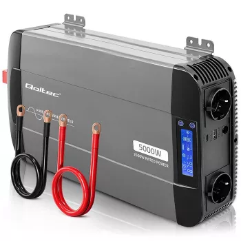 Qoltec Pure Sine Wave Inverter 12V to 230V 2500W/5000W with LCD, USB, USB-C, LiFePO4/GEL/AGM Compatible