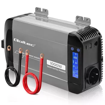 Qoltec Pure Sine Wave Inverter 12V to 230V 500W/1000W with LCD, USB, USB-C, LiFePo4/GEL/AGM Compatible
