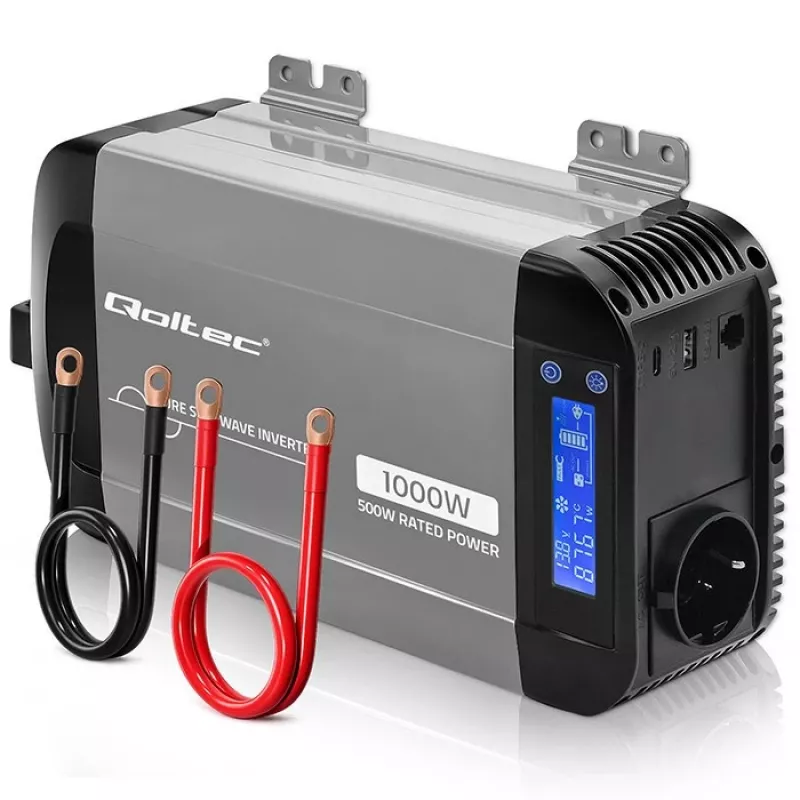 Qoltec Pure Sine Wave Inverter 12V to 230V 500W/1000W with LCD, USB, USB-C, LiFePo4/GEL/AGM Compatible