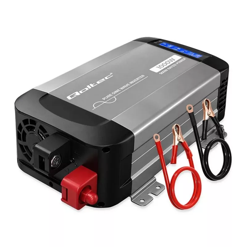 Qoltec Pure Sine Wave Inverter 12V to 230V 500W/1000W with LCD, USB, USB-C, LiFePo4/GEL/AGM Compatible
