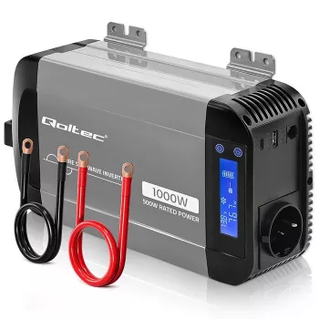 Qoltec Pure Sine Wave Inverter 12V to 230V 500W/1000W with LCD, USB, USB-C, LiFePo4/GEL/AGM Compatible