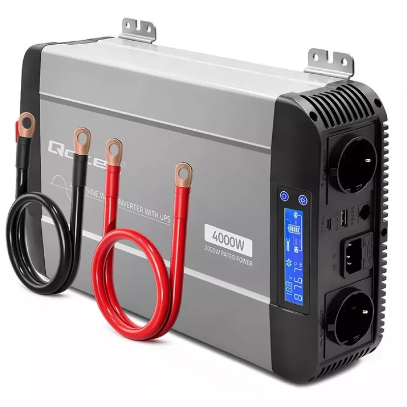 Qoltec Pure Sine Wave Inverter with UPS | 12V to 230V | 2000W Continuous / 4000W Peak | LCD | USB-A | USB-C PD 18W | LiFePO4 GEL AGM Compatible