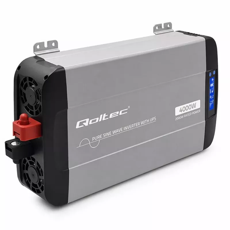 Qoltec Pure Sine Wave Inverter with UPS | 12V to 230V | 2000W Continuous / 4000W Peak | LCD | USB-A | USB-C PD 18W | LiFePO4 GEL AGM Compatible