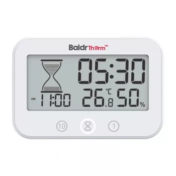 RAINPOINT BALDRTHERM B0549STH Bathroom Timer with Temperature & Humidity Monitor, IP24 Splash-proof, Countdown/Count-up, LCD Backlight, Suction Cup/Stand/Wall Mount