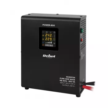 Rebel POWER-800 Wall-Mounted Emergency Power Supply – Pure Sine Wave Inverter with 12V Charging Function, 230V, 800VA/500W
