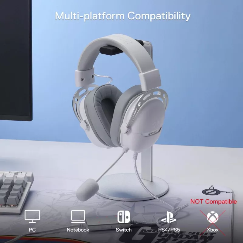 REDRAGON AURORA Over-Ear Gaming Headset - White (50mm Drivers, RGB LED, Detachable Mic)