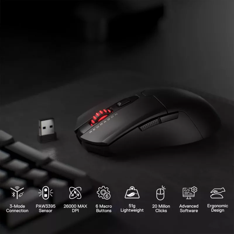 Redragon FYZU M995 PRO Wireless Gaming Mouse - Black, 26K DPI Pixart 3395, Tri-Mode, 9 Buttons, RGB, 70h Battery
