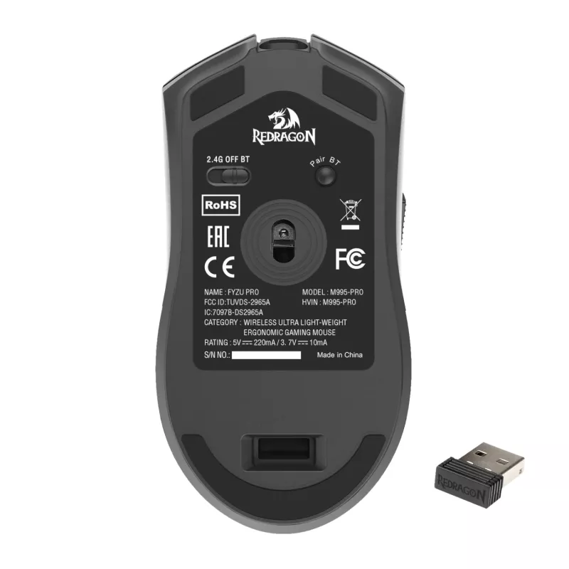 Redragon FYZU M995 PRO Wireless Gaming Mouse - Black, 26K DPI Pixart 3395, Tri-Mode, 9 Buttons, RGB, 70h Battery