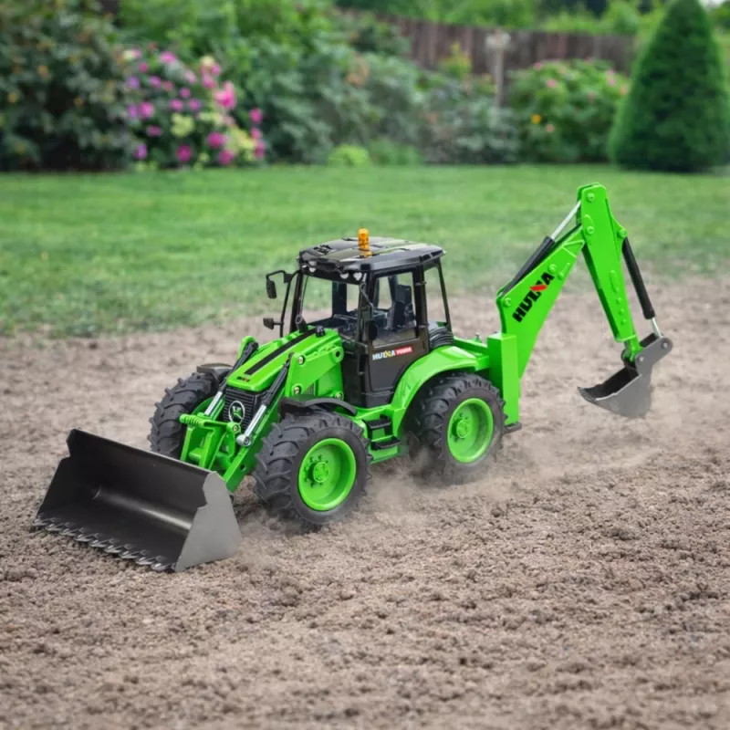 Remote Control Backhoe Loader RC Lights Sound Green Huina 1:14