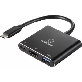 Renkforce RF-5133676 USB-C to HDMI Multiport Adapter with Power Delivery & USB-A, 4K, 20 cm, Black